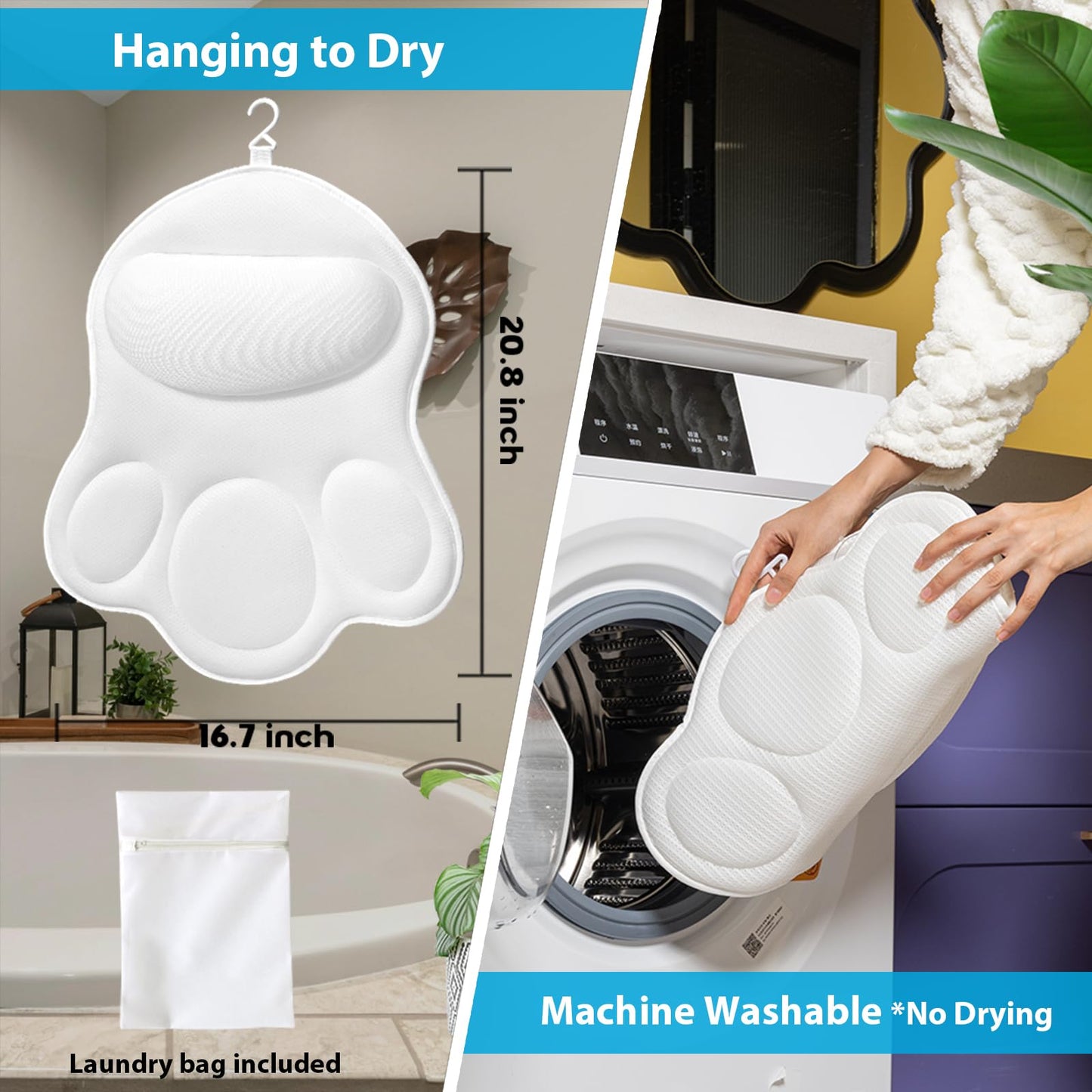 JUSDOO Bath Pillows for Tub Neck and Back Support - Upgraded Non-Slip Rubber Backing & 6 Suction Cups, 4D Air Mesh Spa Bathtub Cushion for Head Rest, Machine Washable with Laundry Bag & Hook(White)