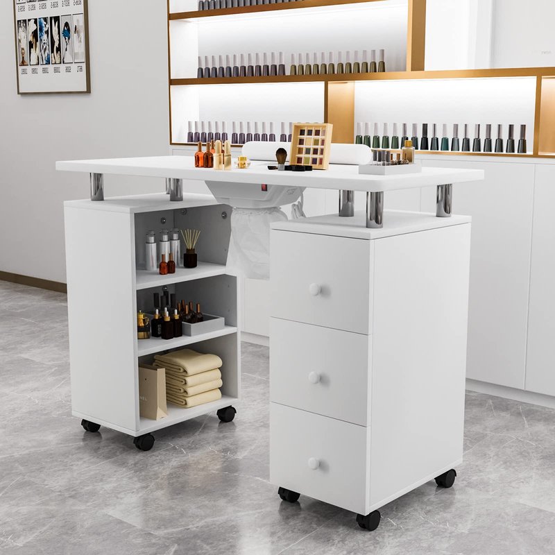 OmySalon Manicure Table Nail Desk for Nail Tech, Nail Table Beauty Salon Tech Station w/Electric Downdraft Vent, Lockable Wheels,Wrist Cushion,Storage Shelves & Drawers