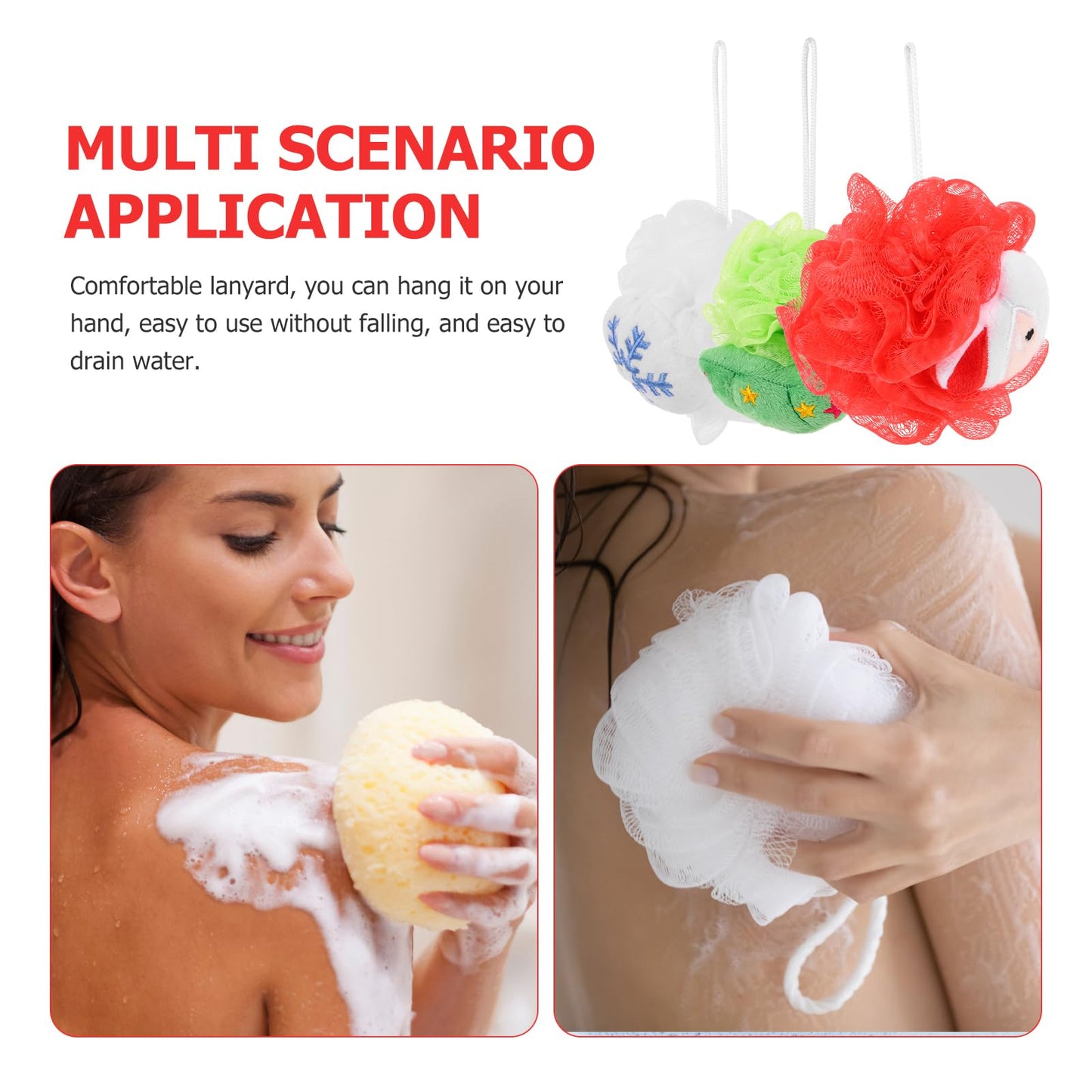 SOLUSTRE Christmas Loofah Sponge Body Scrubber 3Pcs Christmas Bath Character Loofahs Santa Christmas Tree Snowflake Loofah Bath Pouf Mesh Skin Cleaning Scrubber for Adults Christmas