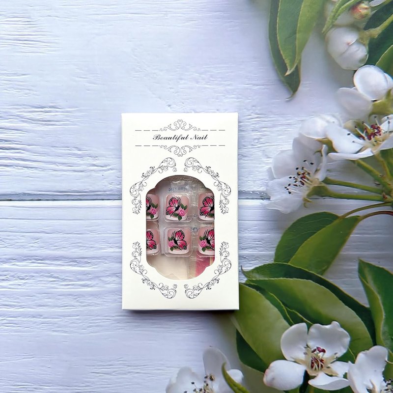 Press-On Toenails - Spring Butterfly Flowers Full Cover Glossy White Square Tips | 24PCS for Women