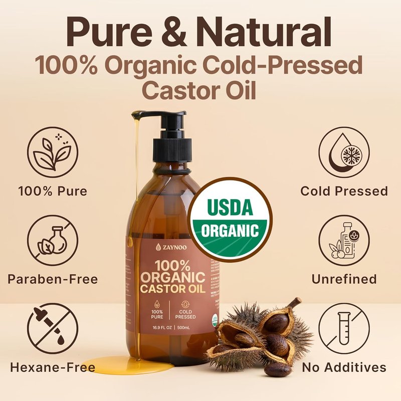 Organic Castor Oil - 100% Pure Cold Pressed for Hair Growth & Skin Care | 16.9 fl oz in BPA-Free Pump Bottle