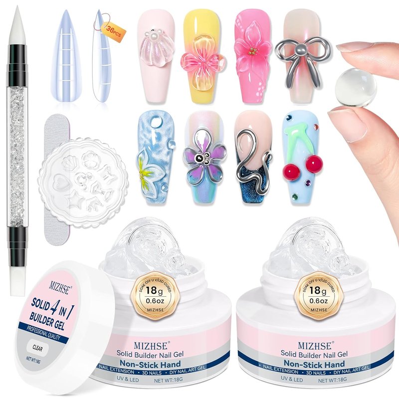MIZHSE 2pcs Solid Builder Gel for Nails - Clear 3D Sculpting Gel | Non-Sticky UV LED Starter Kit