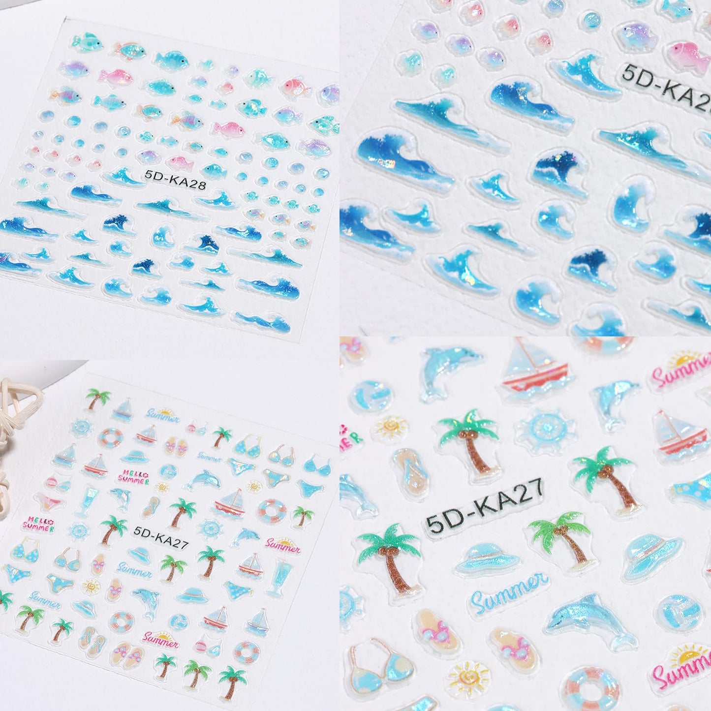Summer Nail Stickers 5D Embossed Ocean Nail Decals Beach Nail Art Stickers 2PCS Blue Wave Fish Palm Tree Sailboat Design Adhesive Nail Art Supplies for Women Tropical Style Nail Decor