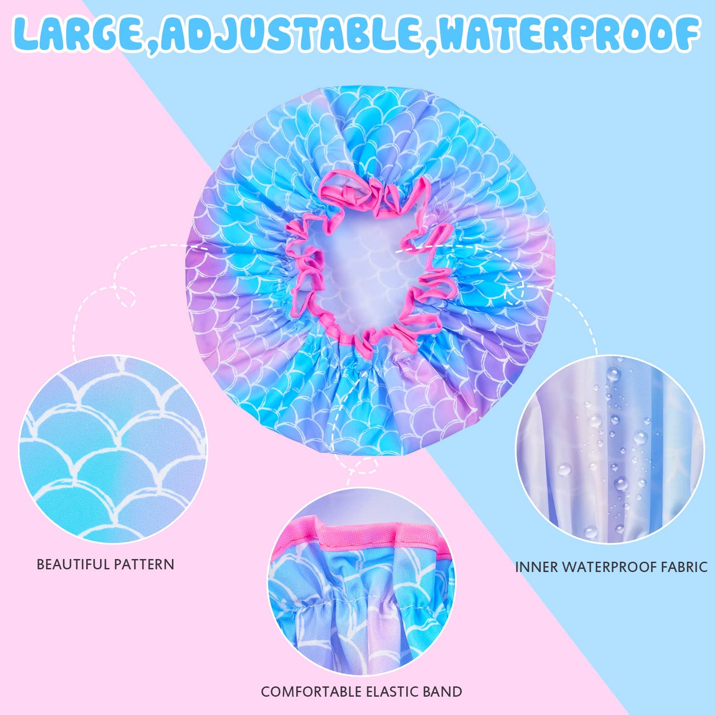 3 Pcs Kids Girls Toddler Shower Cap - Reusable Plastic Rainbow Unicorn Mermaid Hair Cap, Waterproof Adjustable Cute Head Cap for Children and Women