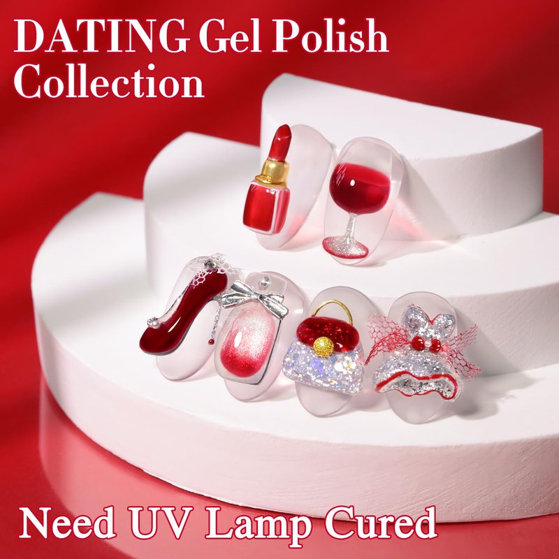 Double Rhythm Gel Polish Set - 6 Pcs 15 ML Soak Off Nail Art Kit | Jelly Burgundy Red & Silver Glitter