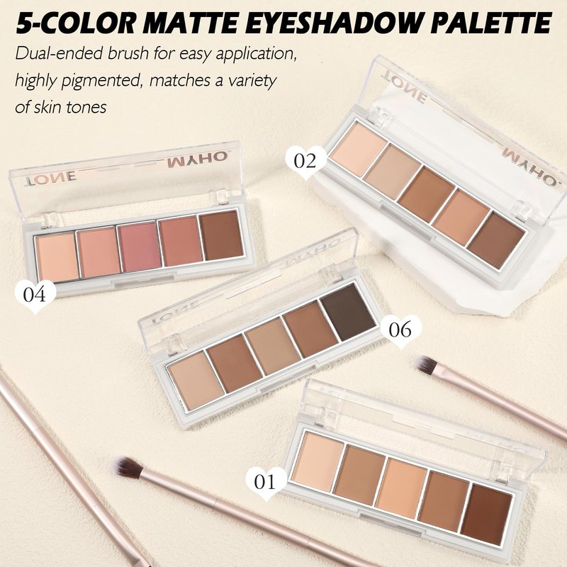 5 Colors Matte Eyeshadow Palette with Brush - Neutral Nude Taupe Dark Brown Eye Shadow Palette Makeup, Natural Waterproof Cool-Toned Eyeshadow for Green & Blue & Brown Eyes and Smokey Makeup, 06#