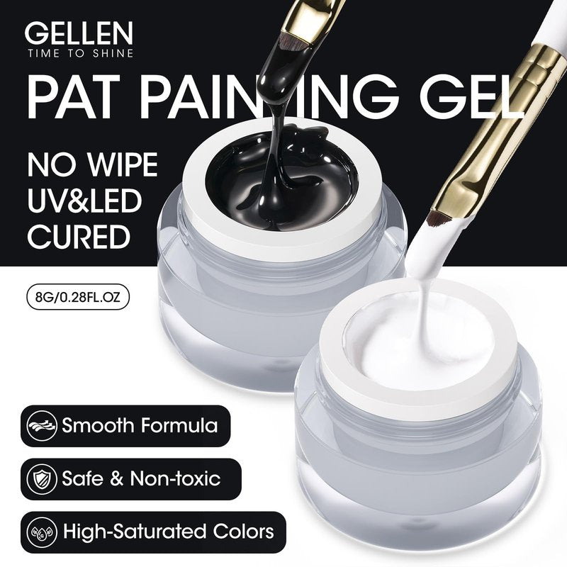 GELLEN Nail Painting Gel 2Pcs 8G Black & White No Wipe Pat Painting Nail Gel for Drawing Striper Liner Floral Painting Gel Polish Nail Art for Salon Home DIY Manicure, UV/LED Curing Required