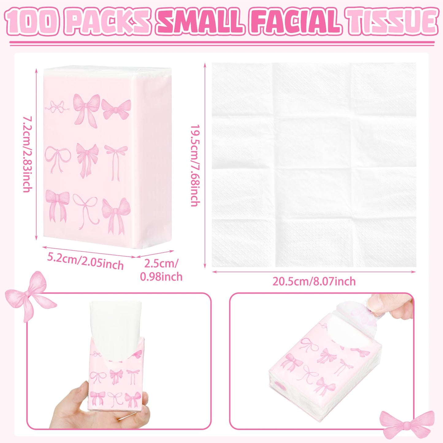 Therwen 20 Pack Pocket Tissues Travel Packs Bulk Weeding Party Favors Individual Small Tissue Packs Pocket Size Facial Hand Towels for Travel Outdoor Car Offices (Pink Bow)