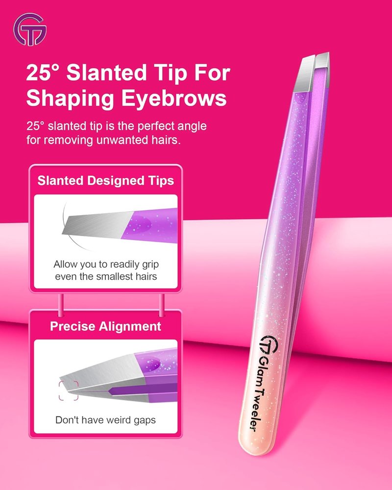 GlamTweeler Slant & Point Tip Tweezer Set - Precision Hair Removal | Sparkle Violet & Silver Carrying Case