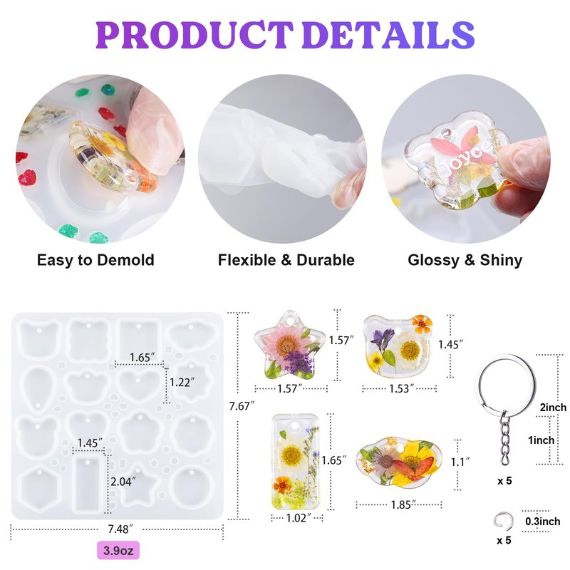 LET'S RESIN Keychain Resin Molds Silicone with Hole, 16 Cavities UV Resin Jewelry Pendant Mold for Beginner, Epoxy Resin Molds for Keychain Pendant Jewelry Making