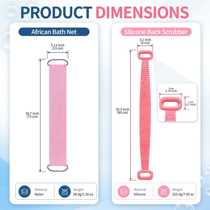 Manmihealth Silicone Back Scrubber for Shower & African Net Sponge Net Set, 36'' Dual-Sided Back Washer & African Long Bath Sponge, Extendable Long Silicone Body Brush (Pink+Pink)