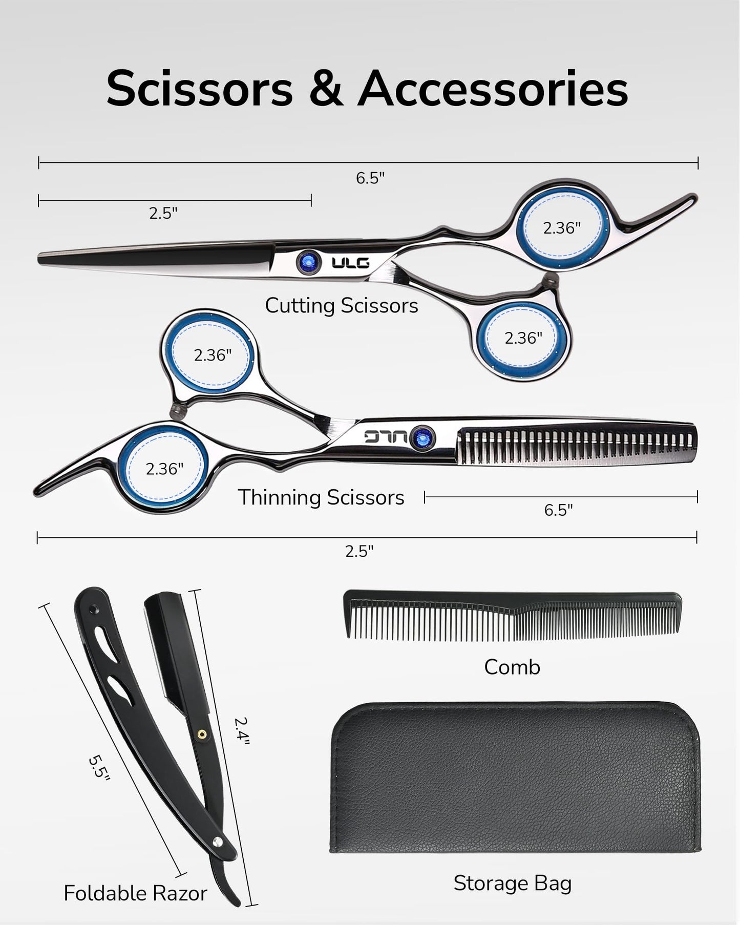 ULG Hair Cutting Scissors Thinning Shears Kit Professional Hairdressing Texturizing Salon Razor Edge Scissor Barber Kit1 Pro 6.5 inch Silver