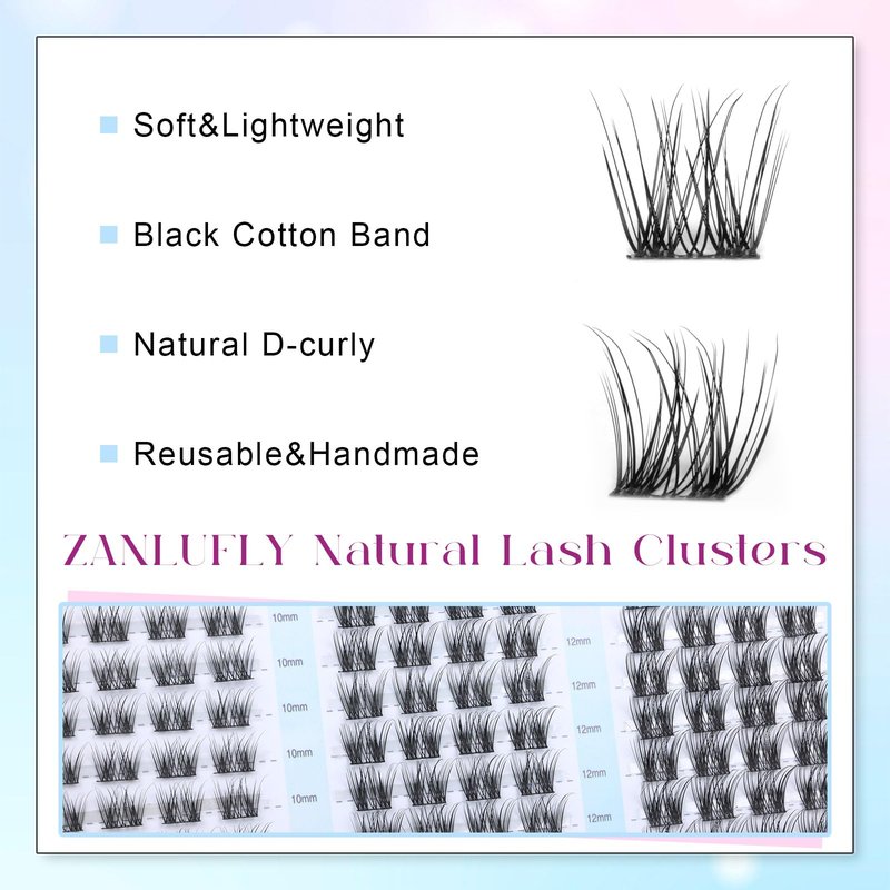 Lash Clusters Natural Eyelash Clusters D-Curly Cluster Lashes zanlufly Wispy Individual Lashes Cluster Eyelash Extension 10 12 14MM DIY Lash Extension