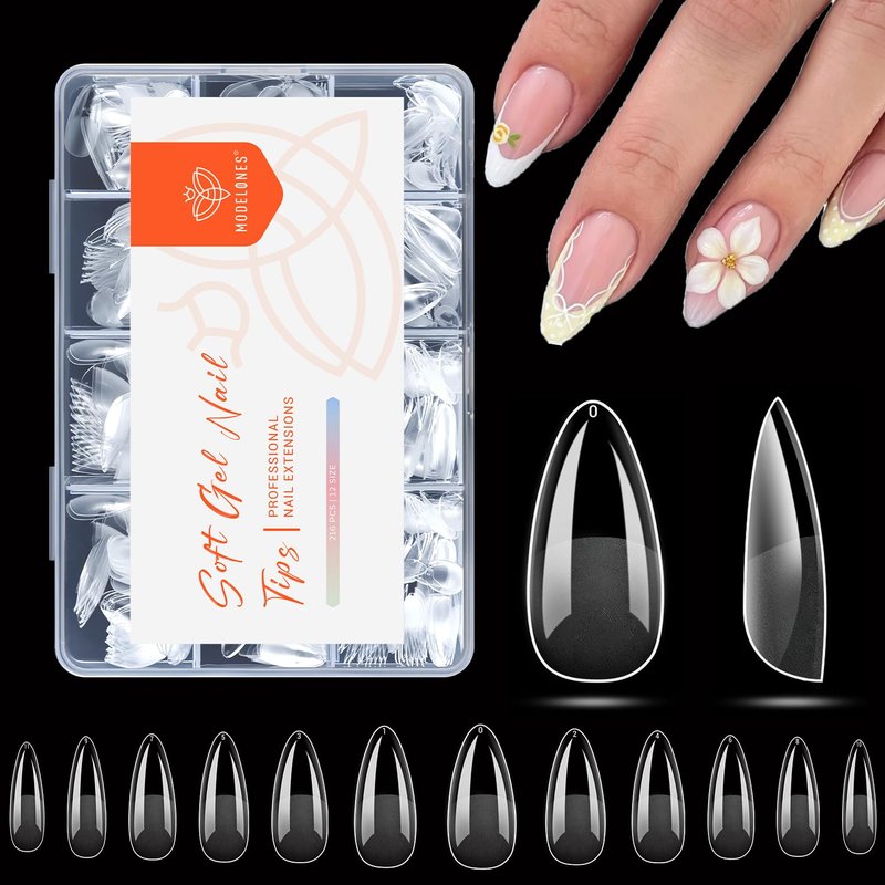 Modelones Medium Almond Nail Tips - Pre-Shaped Full Cover Fake Nails | 216PCS in Clear, 12 Sizes