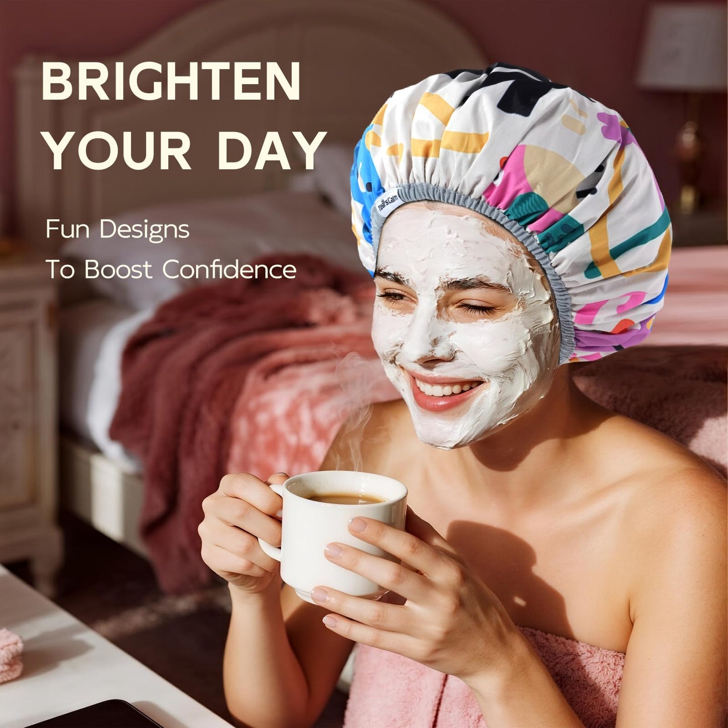 Years Calm Waterproof Shower Cap for Women - Double Sided Design for Long Thick Hair, Secure Fit & Flexible Elastic Band, Reusable Bath Cap for Shower, Spa, Travel (Mood Switch 2)