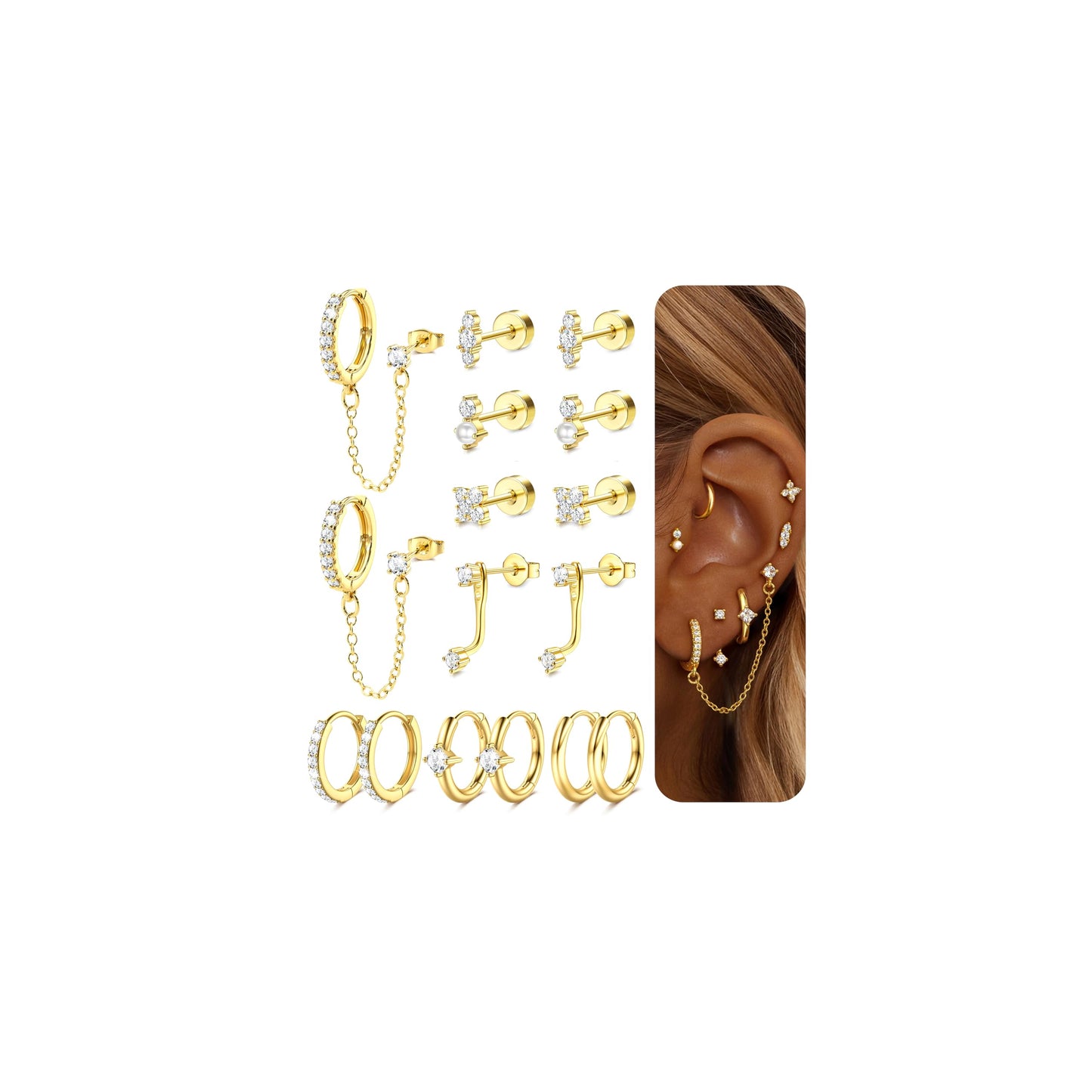Dochais Hypoallergenic Flatback Stud Hoop 14K Gold Plated Earrings Stacks - Surgical Stainless Steel Earring Set Chain Cartilage Earrings - Small Ear Piercing Flat Back Earring for Women Trendy