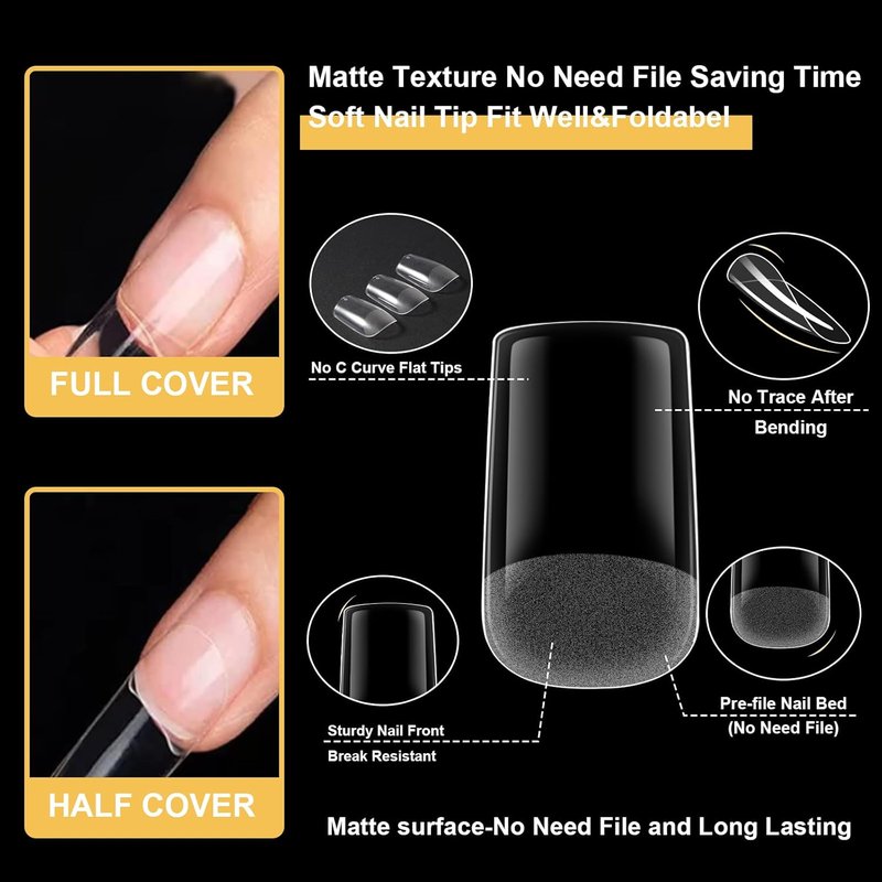 EODCI Gel Nail Tips - Short Square 600Pcs Soft Clear Full Cover False Nails for Easy Extensions