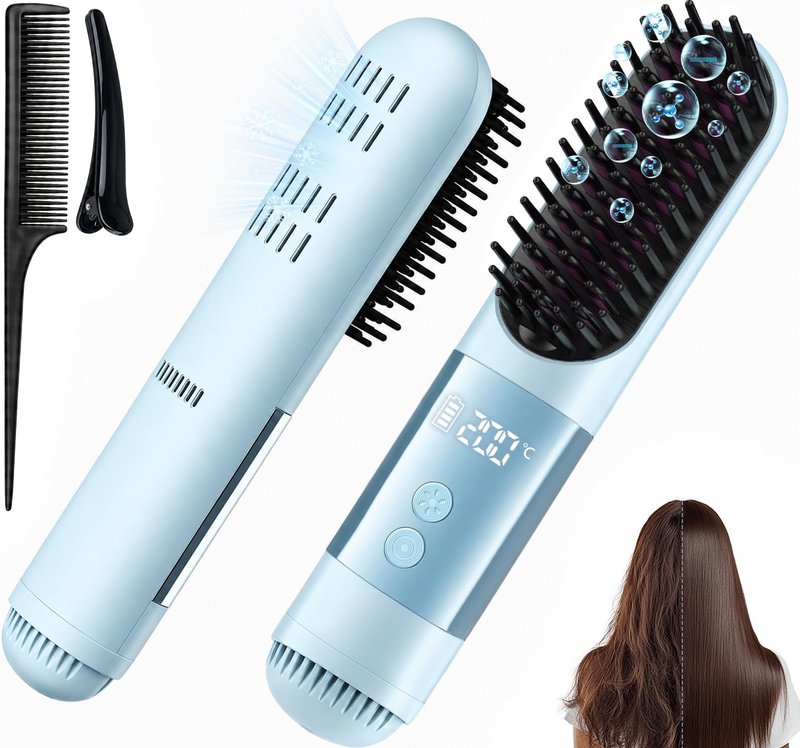 Cordless Hair Straightener Brush with Cool Air, 5-in-1 Portable Ionic Frizz-Free Straightening Brush, Rechargeable Touch Up On-the-Go Brush, MCH Fast Heating, LED Display, Anti-Scald for Women Travel