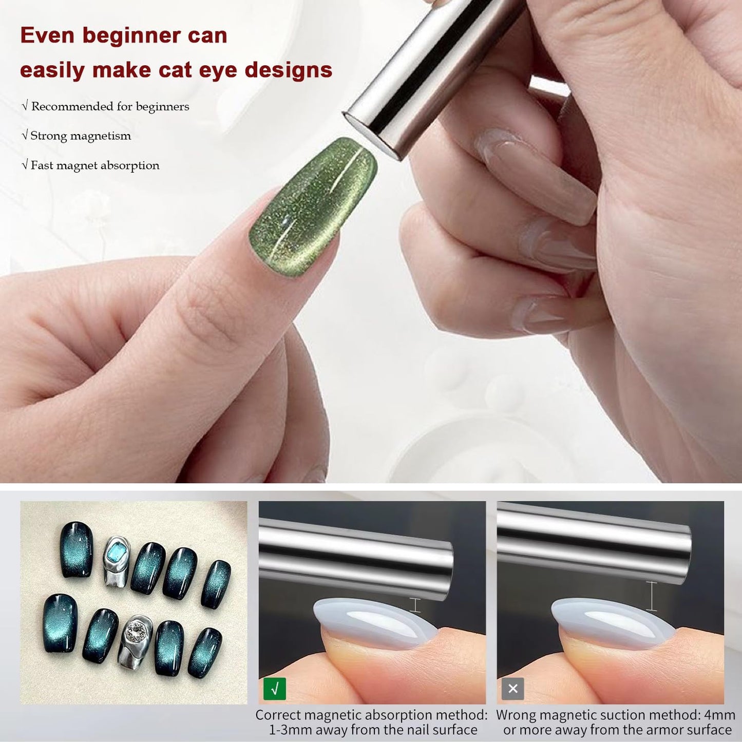 YECIRALA 4 Pieces 3D Cat Eye Nail Art Magnets Tool Set For Cat Eye Nails Polish Magnet Wand Magnetic Pen For DIY Gel Polish Nail Art Designs Magnets Double Ended Magnet Wand Magnet Sticks