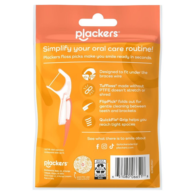 Plackers OrthoPick® Floss Picks Designed for Braces, Tuffloss® Made Without PTFE, FlipPick® Clean Between Brackets, 36 Count (4 Pack)
