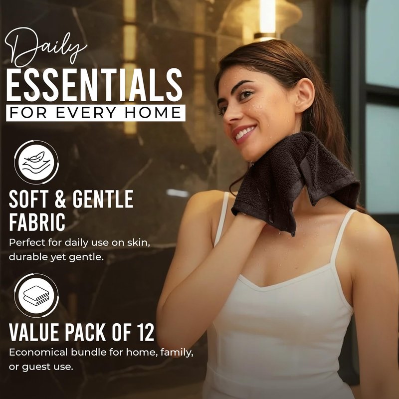 RIVERSIDE 12-Pack Premium 100% Cotton Brown Face Towels for Bathroom [12x12] - Reusable Luxury Face Wash Cloths for Showering - 550 GSM Super Soft & Absorbent Washcloths for Body, Spa & Gym