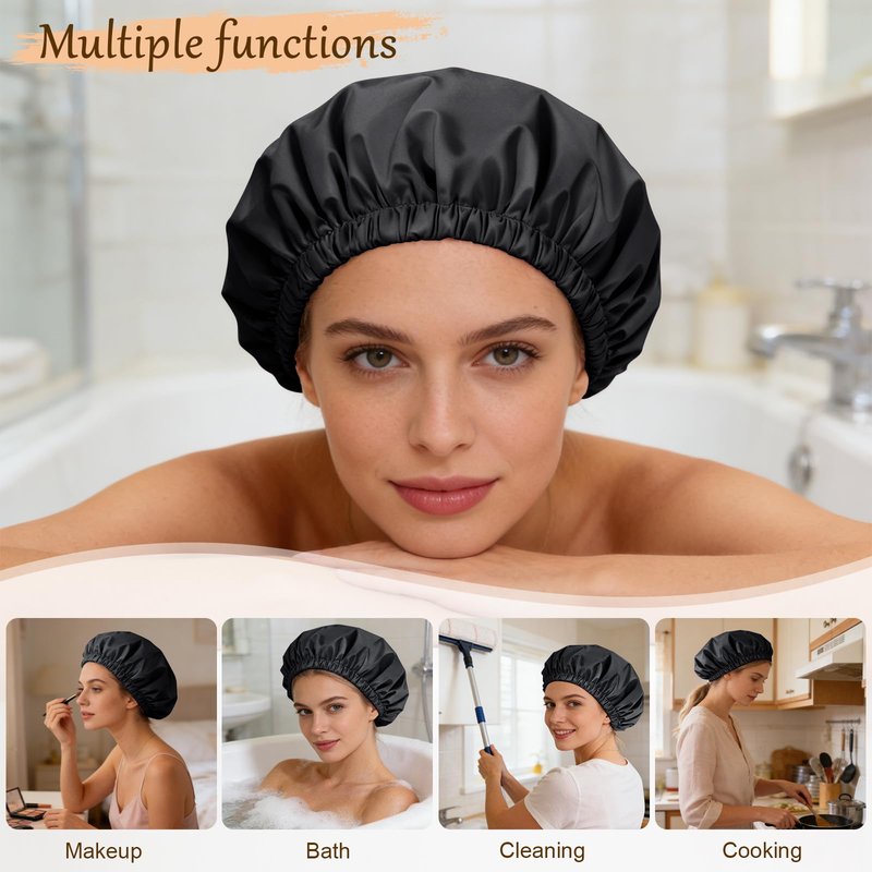 Doitory Shower Cap for Women, Reusable Waterproof Shower Cap Satin Lined with Soft Elastic Band, Large Washable Bath Caps(Black)