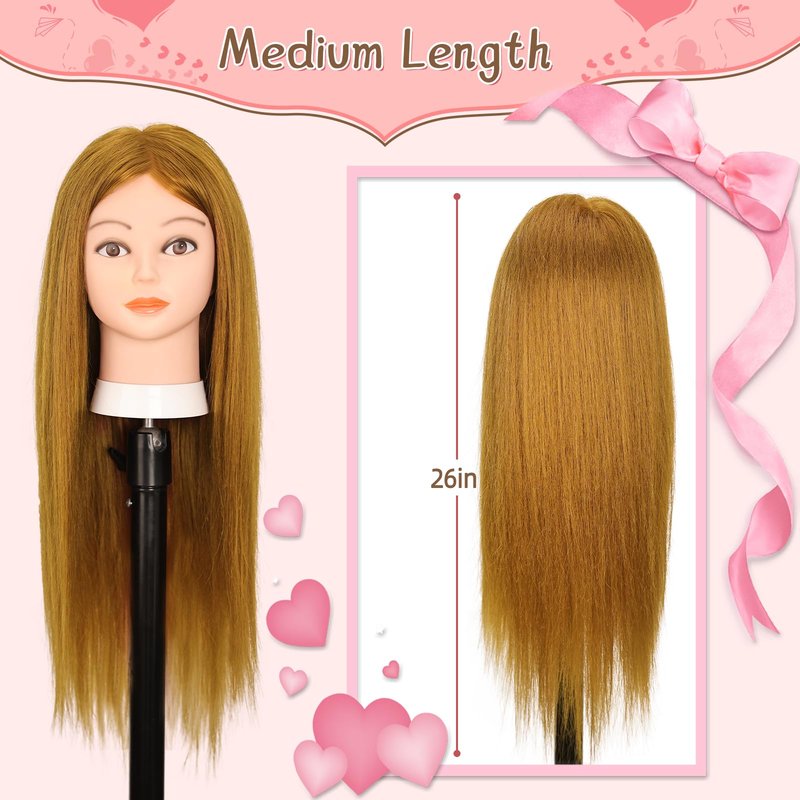 Mannequin Head with 70% Human Hair, 26" Light Brown Real Human Hair Training Head, Manikin Cosmetology Head with Clamp Holder & Tools, Practice Doll Head for Hair Styling, Braiding, Curling, Cutting