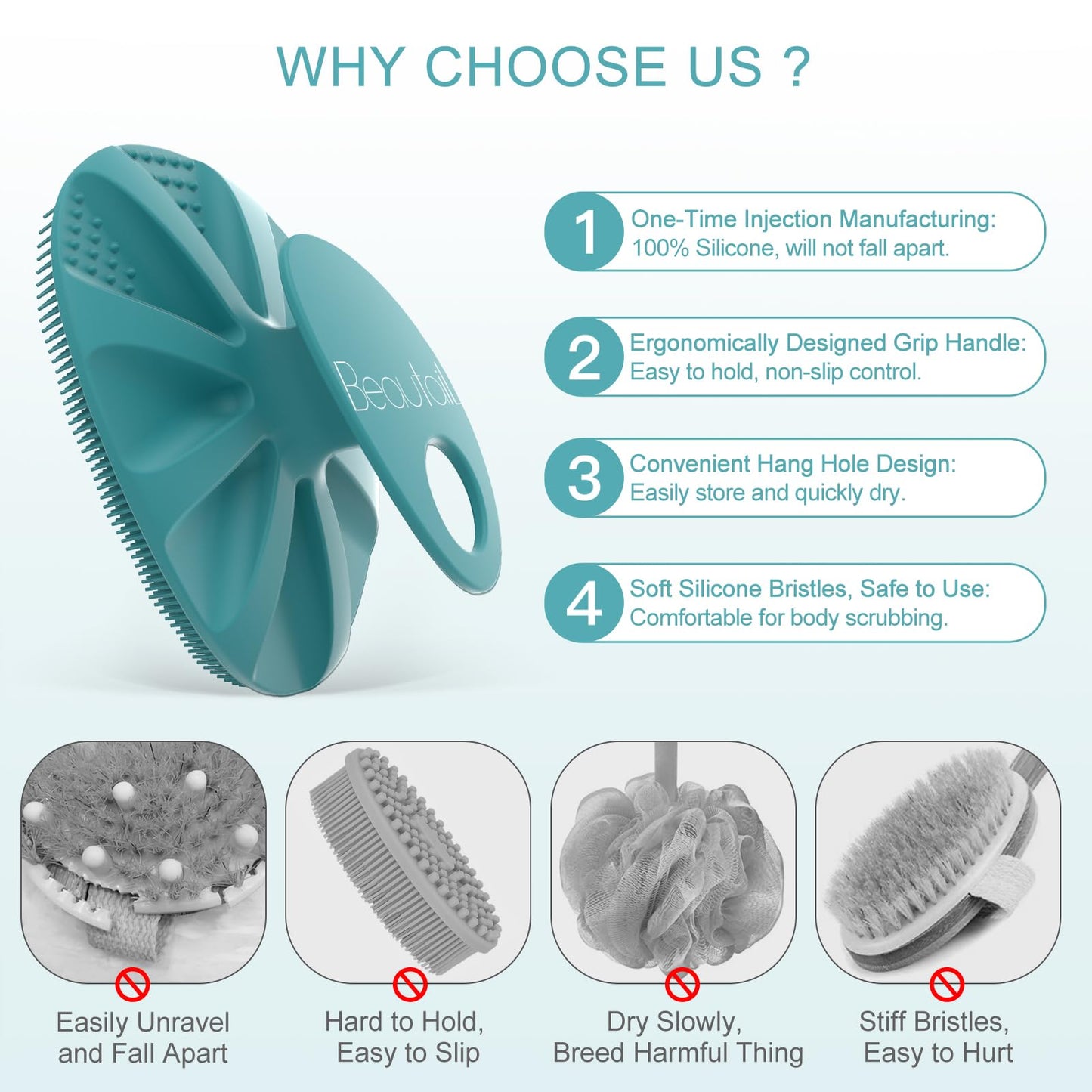 Silicone Body Scrubber 2 Pack, BEAUTAIL Shower Bath Wash Brush, Gentle Exfoliating Scrub Cleansing Loofah for Women Men Baby Sensitive Skin, Easy to Clean, Lather Nicely, More Hygienic, Black+Cyan