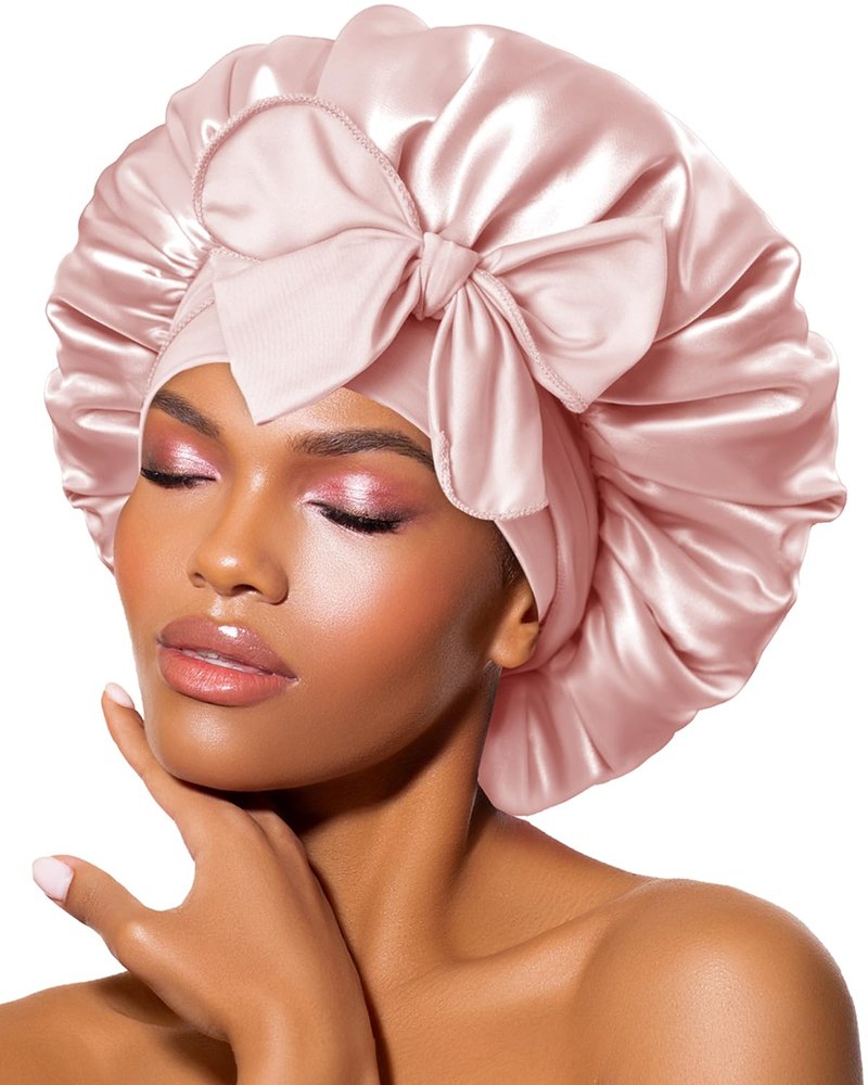 Silk Bonnet for Sleeping | Adjustable Satin Night Cap for Curly Hair - Cream Pink