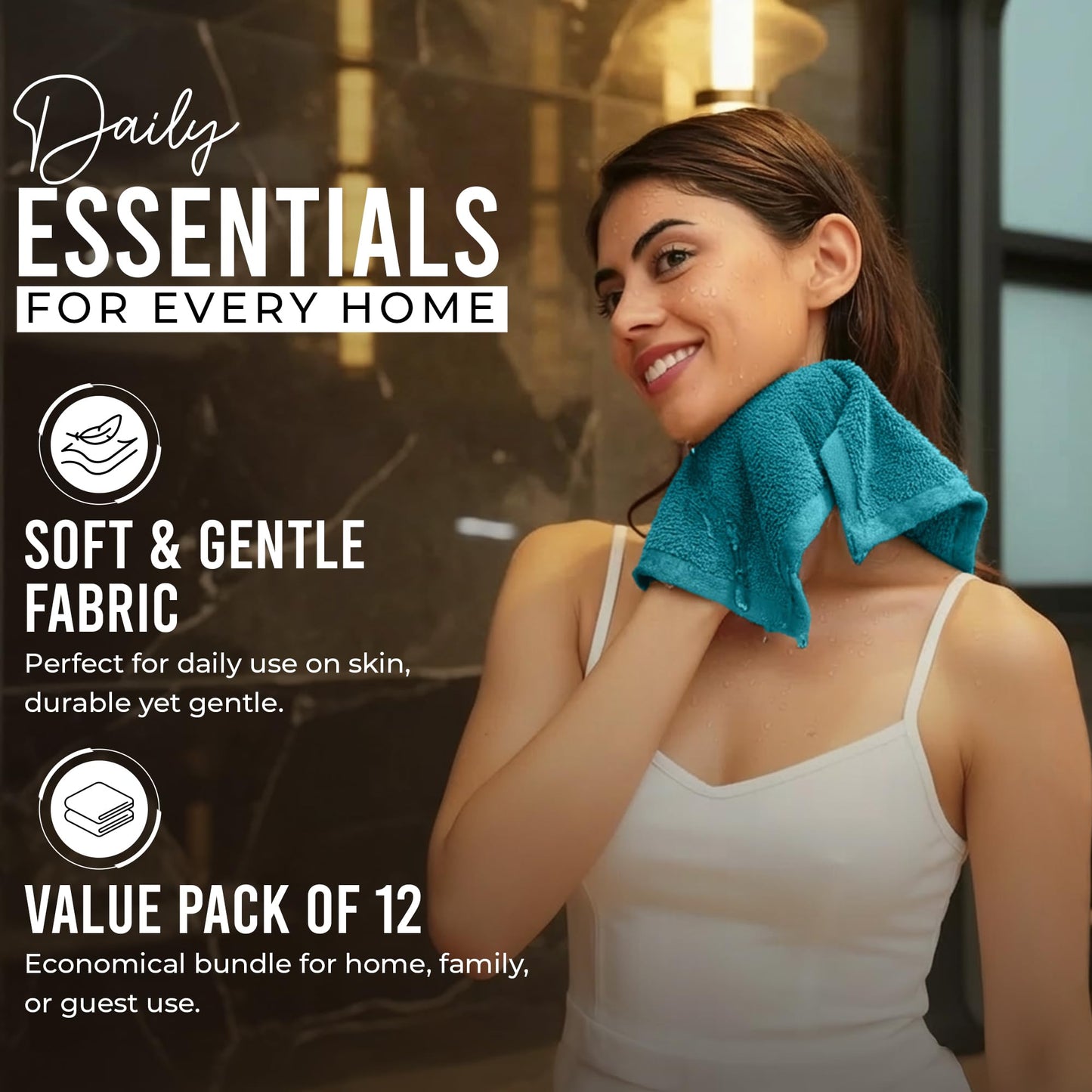 RIVERSIDE 12-Pack Premium 100% Cotton Teal Face Towels for Bathroom [12x12] - Reusable Luxury Face Wash Cloths for Showering - 550 GSM Super Soft & Absorbent Washcloths for Body, Spa & Gym
