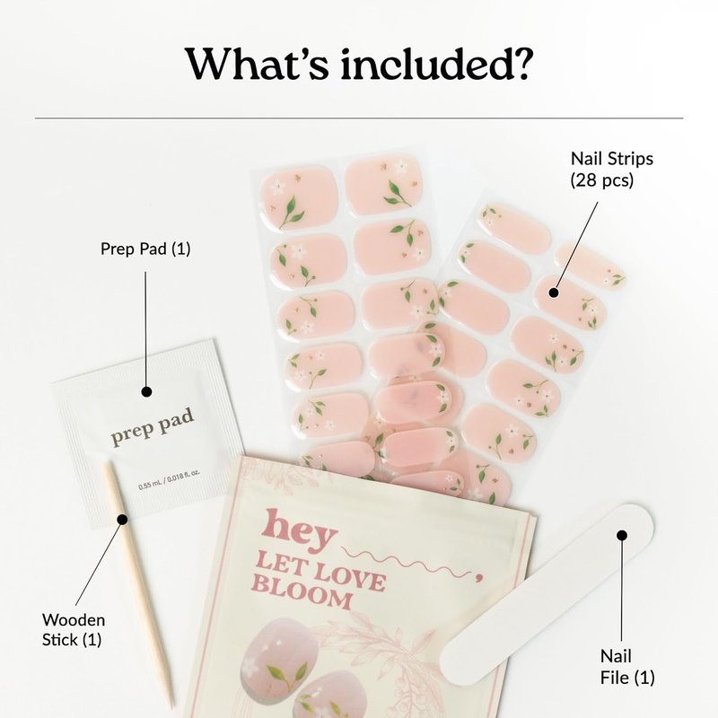 Semi Cured Gel Nail Strips - Easy Apply & Remove Floral Design | 28 Strips, Pink | Salon Quality Manicure