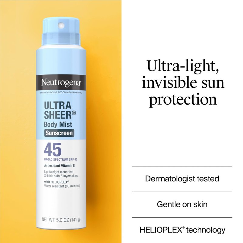 Neutrogena Ultra Sheer Sunscreen Spray SPF 45 Body Mist, Lightweight Non-Greasy Broad Spectrum UVA/UVB Protection, Oil-Free & Non-Comedogenic Water Resistant Spray Sunscreen (80 min), Pack of 3, 5 oz