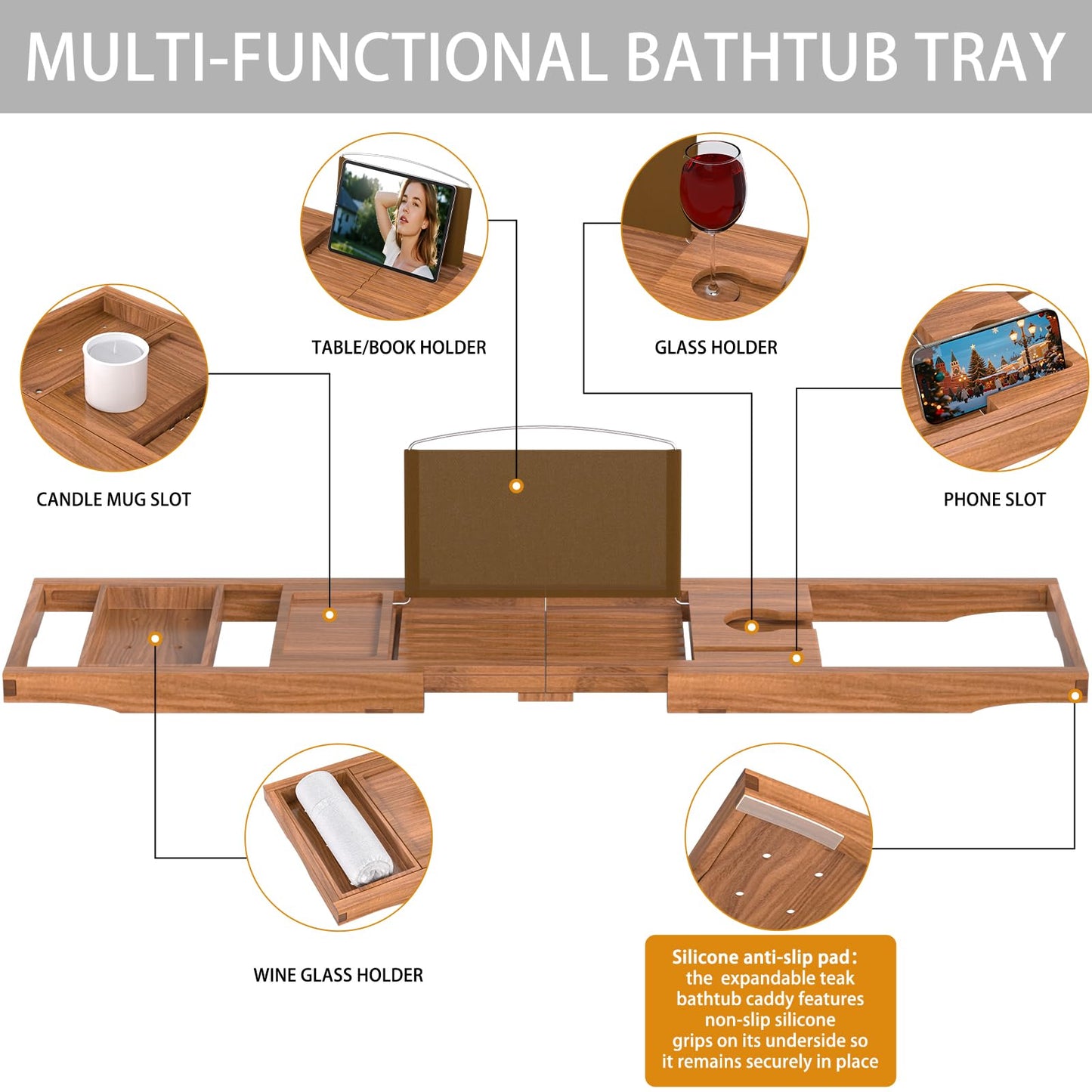 Teak Bathtub Caddy Tray for Tub, Foldable Luxury Bath Table Tray with Book and Wine Glass Holder, Expandable Bathroom Accessories for Spa or Reading