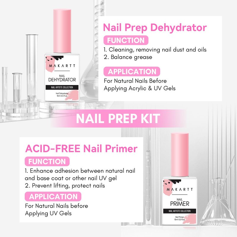 Makartt Nail Dehydrator and Primer Set: Acid Free Air Dry Nail Prep Dehydrate and Hema Free Nail Primer Professional Long-lasting for Acrylic Nails Powder UV Gel Polish(15ML/0.5 oz)