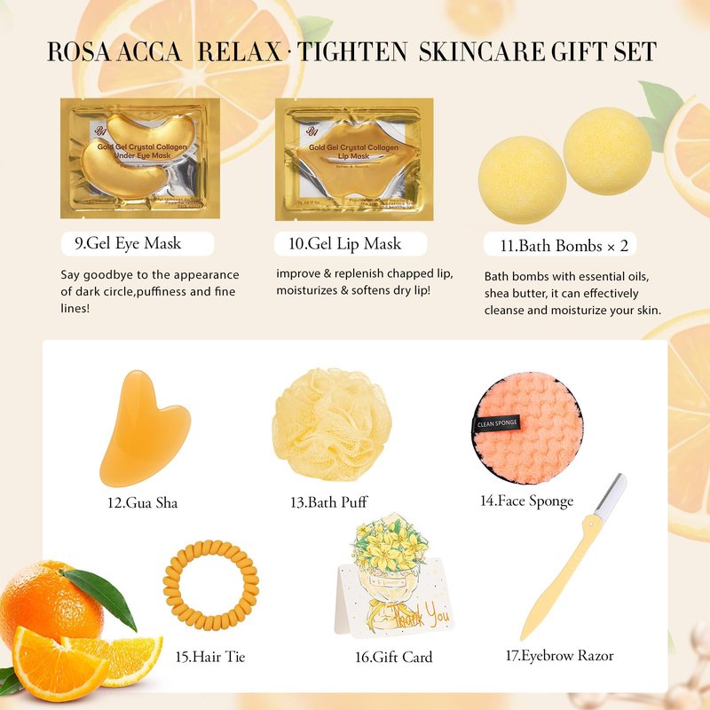 23 Pcs Mother's Day Gifts for Mom, Orange Facial Skin Care Set for Women & Men, Bath and Body Gifts Basket Kit, Home Spa Gift Baskets, Birthday Gifts For Women, Serum, Clay Mask, Christmas,Anniversary