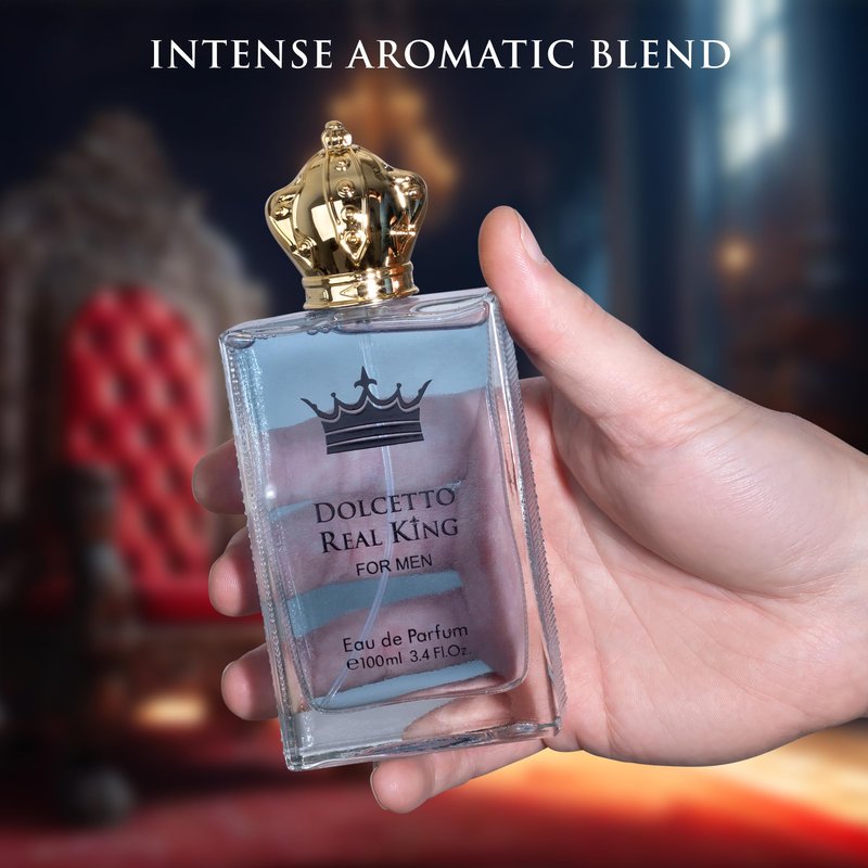 Dolcetto Real King Eau De Parfum for Men woody & Aromatic Fragrance - Citrus Notes & Pimento Essence with Masculine Base - Blend of Spicy Pepper, French Lavender & Haitian Vetiver - 100ml Bottle