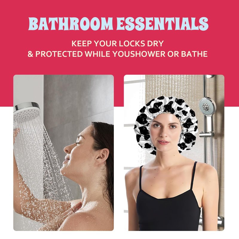 BHAHB Luxury Shower Cap Satin Lined Reusable Waterproof Double Layer Elastic Adjustable Hair Bath Cap Cute Aesthetic Women Girls-Cow Leopard