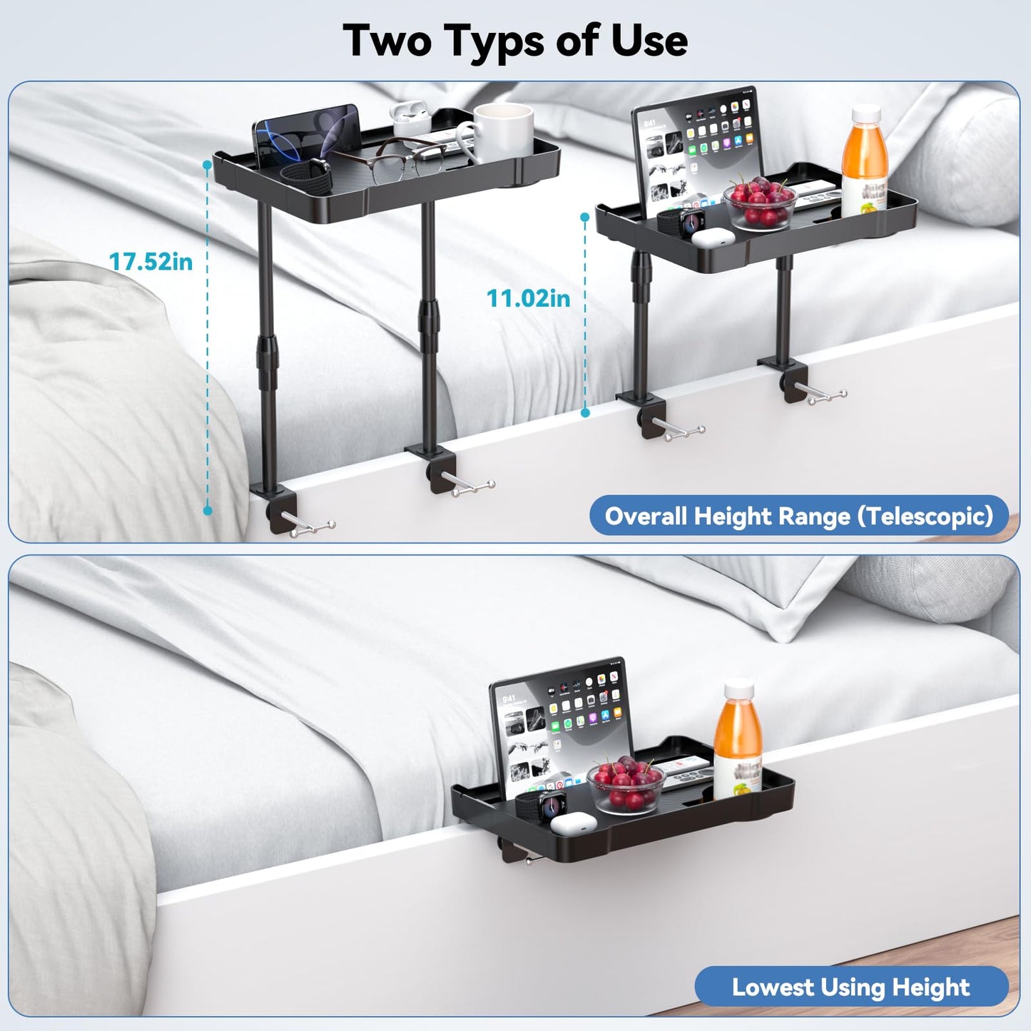 Bedside Shelf Bunk Bed Shelf for Top Bunk 15’’ Clip On Bedside Tray Adjustable Height Attachable Bedside Table Dorm Bedside Table for Loft Bed Dorm Room with Cup Holder & 3 Retractable Hooks Black