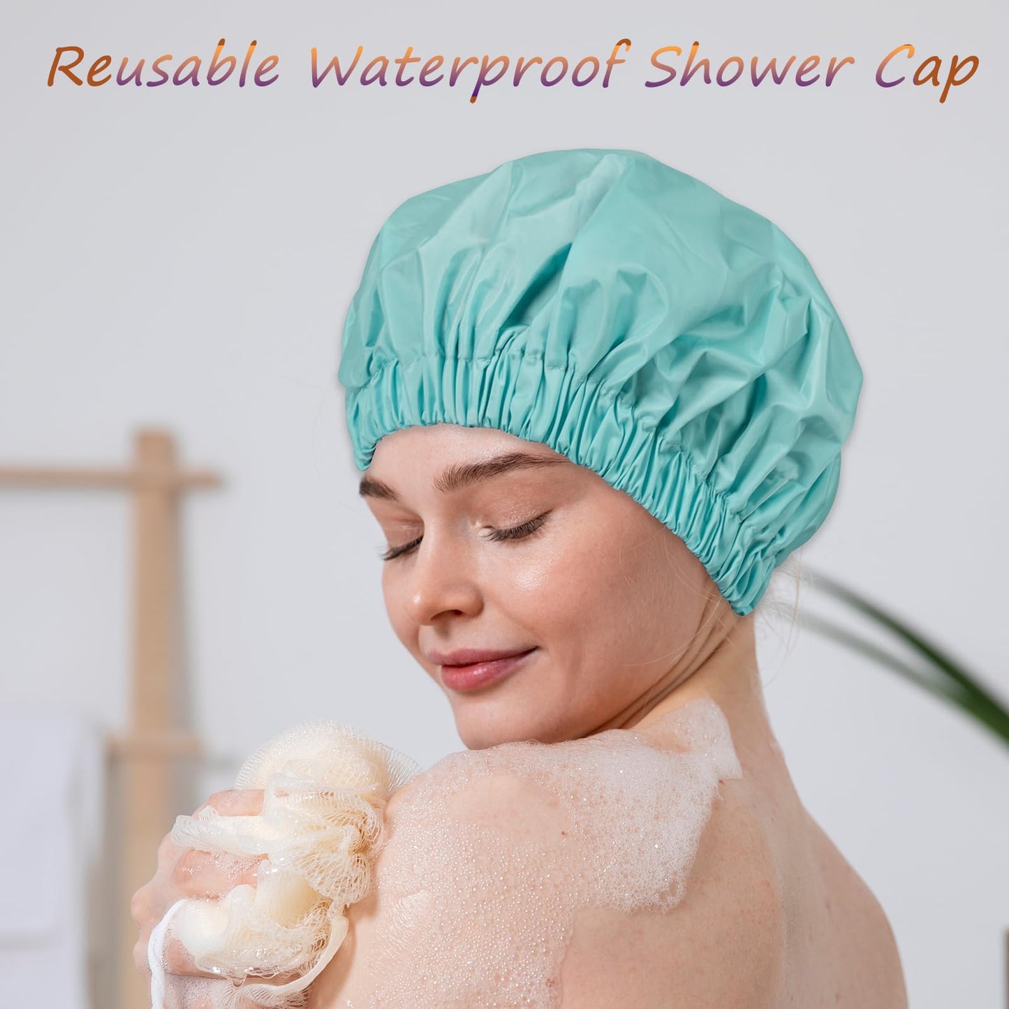 TUVATU Reusable Shower Cap for Women – Large Waterproof Satin Shower Bonnet for Long, Curly & Braided Hair, Washable Bath Hair Cover, Aqua