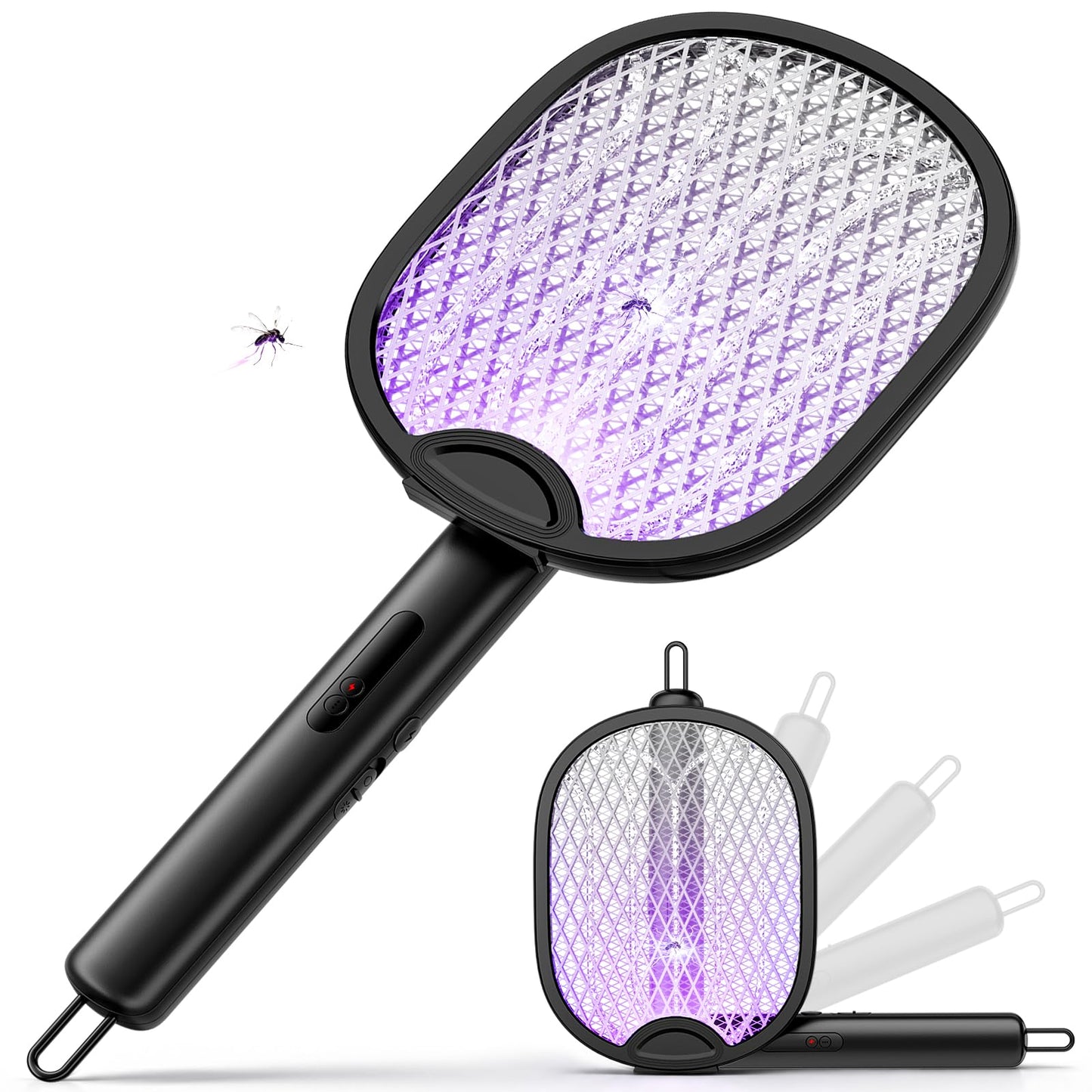 WOCVRYY Electric Fly Swatter 4000V Bug Zapper Racket with 1800mAh Rechargeable Battery 5-Layer Safety Mesh Dual Modes 180° Foldable Ideal for Indoor or Outdoor Use (Black)