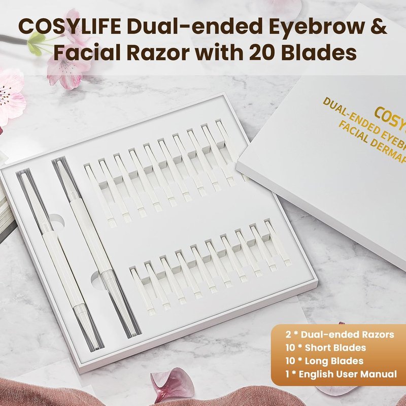 COSYLIFE Dermaplaning Tool - Exfoliating Face Razor Kit with 2 Dual-End Razors & 20 Blade Refills