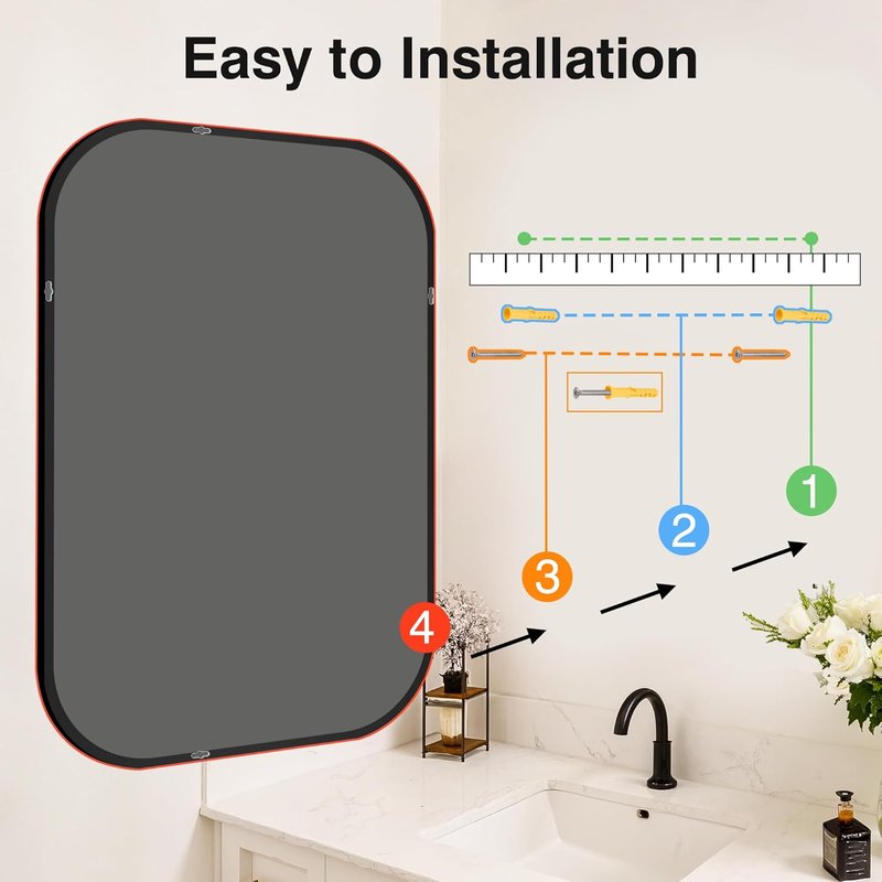 Regine Switzerland Black Bathroom Vanity Mirror - Shatterproof HD Reflection, 26 x 38 Rectangular Design
