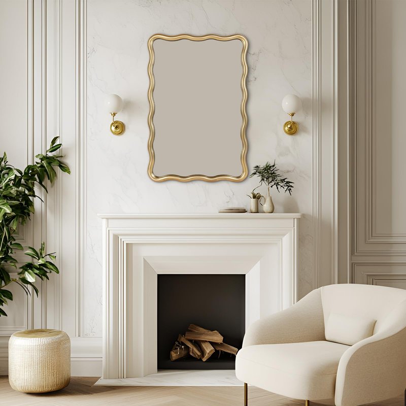 20''x30'' Rectangular Wavy Wall Mirror - Modern Decorative Bathroom Mirror with Scalloped for Modern Farmhouse Vanity, Living Room, Entryway, or Hallway (Gold)