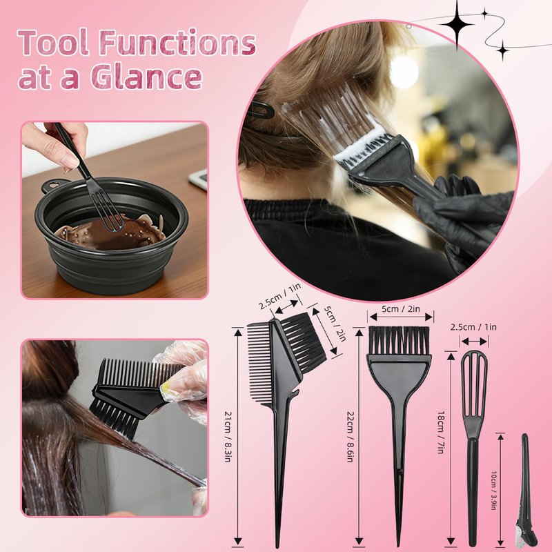 ROOHUA 8 Pcs Hair Coloring Kit - Professional Hair Dye Tools for Home Salon Use with Bowl, Brush, Comb, Clips, Gloves & Shower Cap - Reusable Supplies (8, Black)