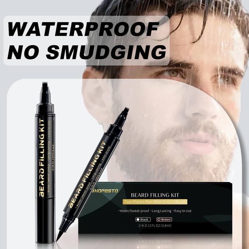 Beard Pen Beard Pencil Filler for Men Beard Filler 4 Tip Pen for Natural Looking Beard 2PCS Beard Pencil & 1PCS Double Head Beard Brush Double Head Four Fork Eyebrow Pencil Eyeliner (Dark Brown)