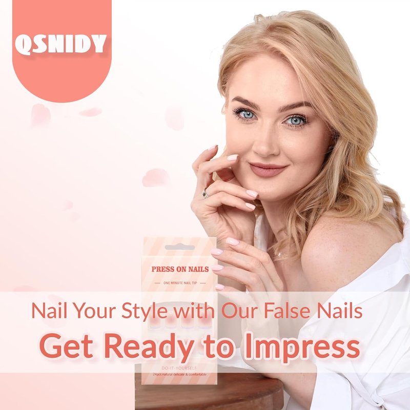 Qsnidy Press-On Nails - Medium Glazed Nude with White French Tips | Almond Chrome Acrylic, 30-Piece Kit in 15 Sizes