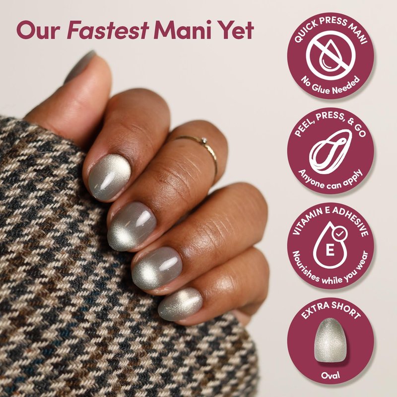 Glamnetic Quick Press Mani - Mess-Free Peel and Stick Oval Extra Short Nails | Sparkly Moss - 30 Nail Kit in 15 Sizes