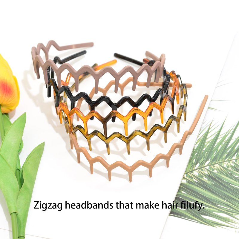 Jeffan Zig Zag Headbands, 5 Pack Plastic Wavy Hair Band with Comb Teeth Headbands for Women and Men Hair Styling Accessories