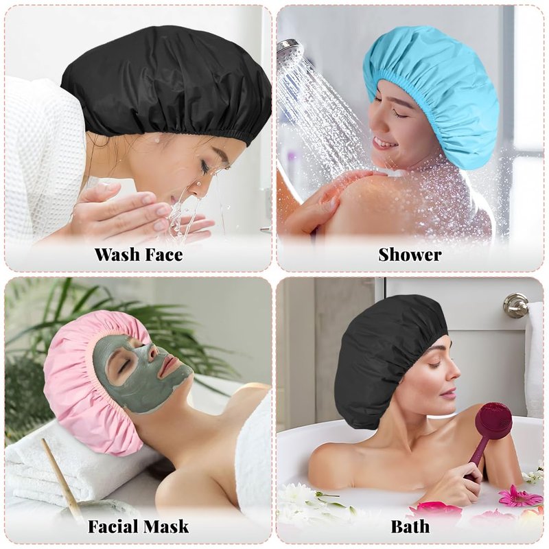 3 Pack Waterproof Shower Cap for Women, Reusable Bath Cap for Long Hair, Comfortable Hair Cap for Shower and Home Use