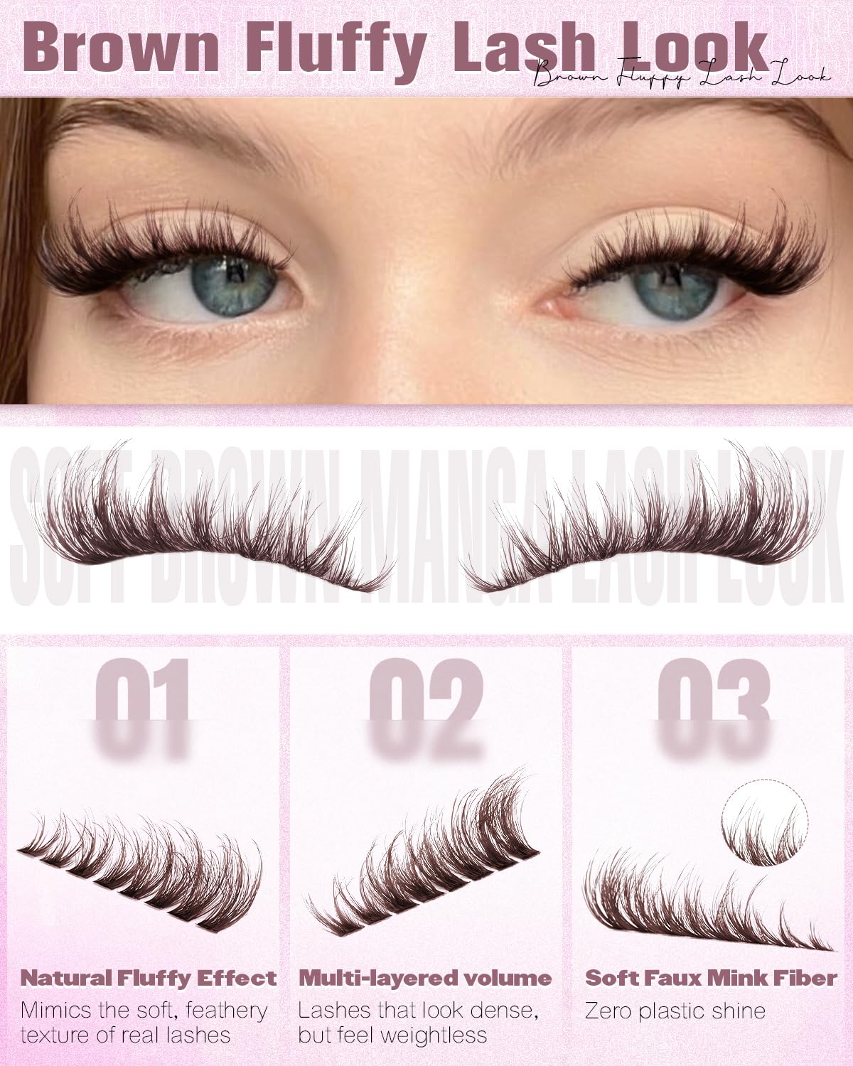 Wtvane Brown Lash Clusters Fluffy Eyelash Clusters 10-16mm Natural Cluster Eyelash Extensions Wispy Lashes Clusters Dark Brown Fairy Individual Lashes with Soft Thin Band for Natural Fluffy Look